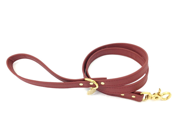 Burgundy Vegan Silicone Leather Dog & Puppy Lead in Brass - Waterproof ...